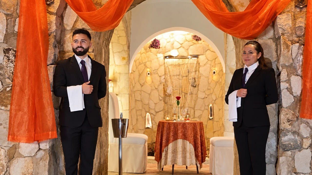 Capilla de Villa Manantial de Sueños decorada con velos rojos y dos anfitriones a la entrada